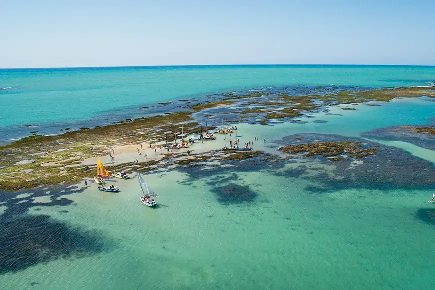 Jangadas levam os turistas para conhecerem as piscinas naturais da praia da Pajuçara